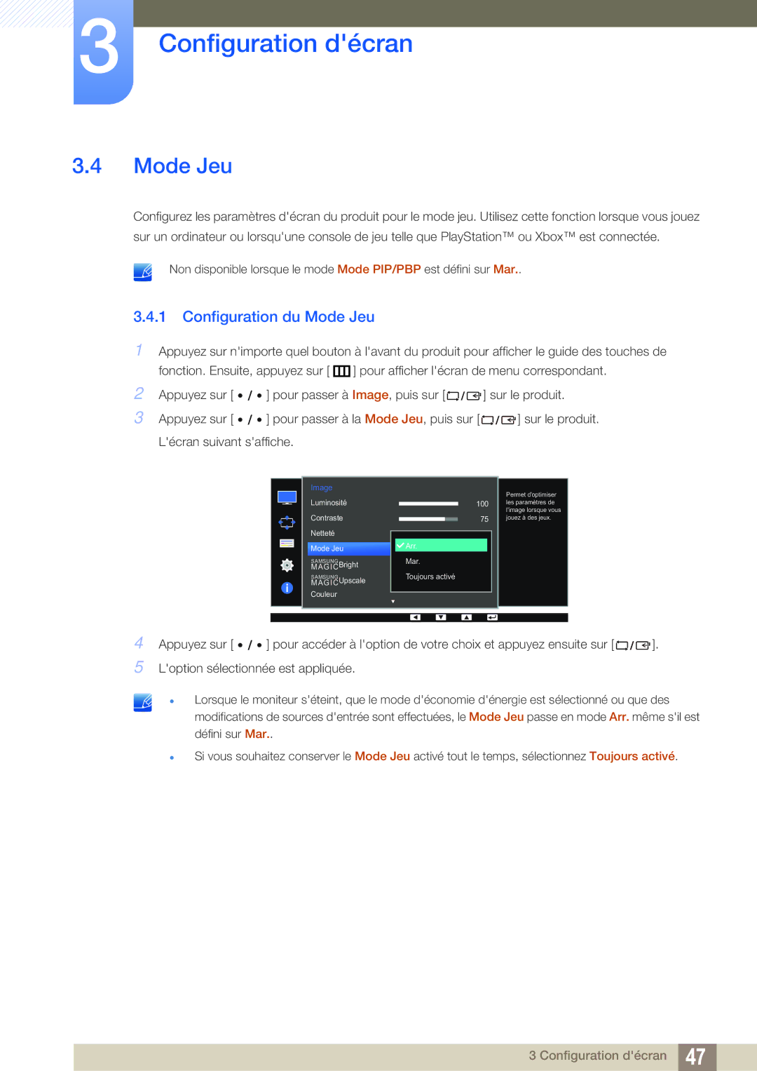 Samsung LS32D85KTSN/EN, LS27D85KTSN/EN, LS32D85KTSR/EN manual Configuration du Mode Jeu 