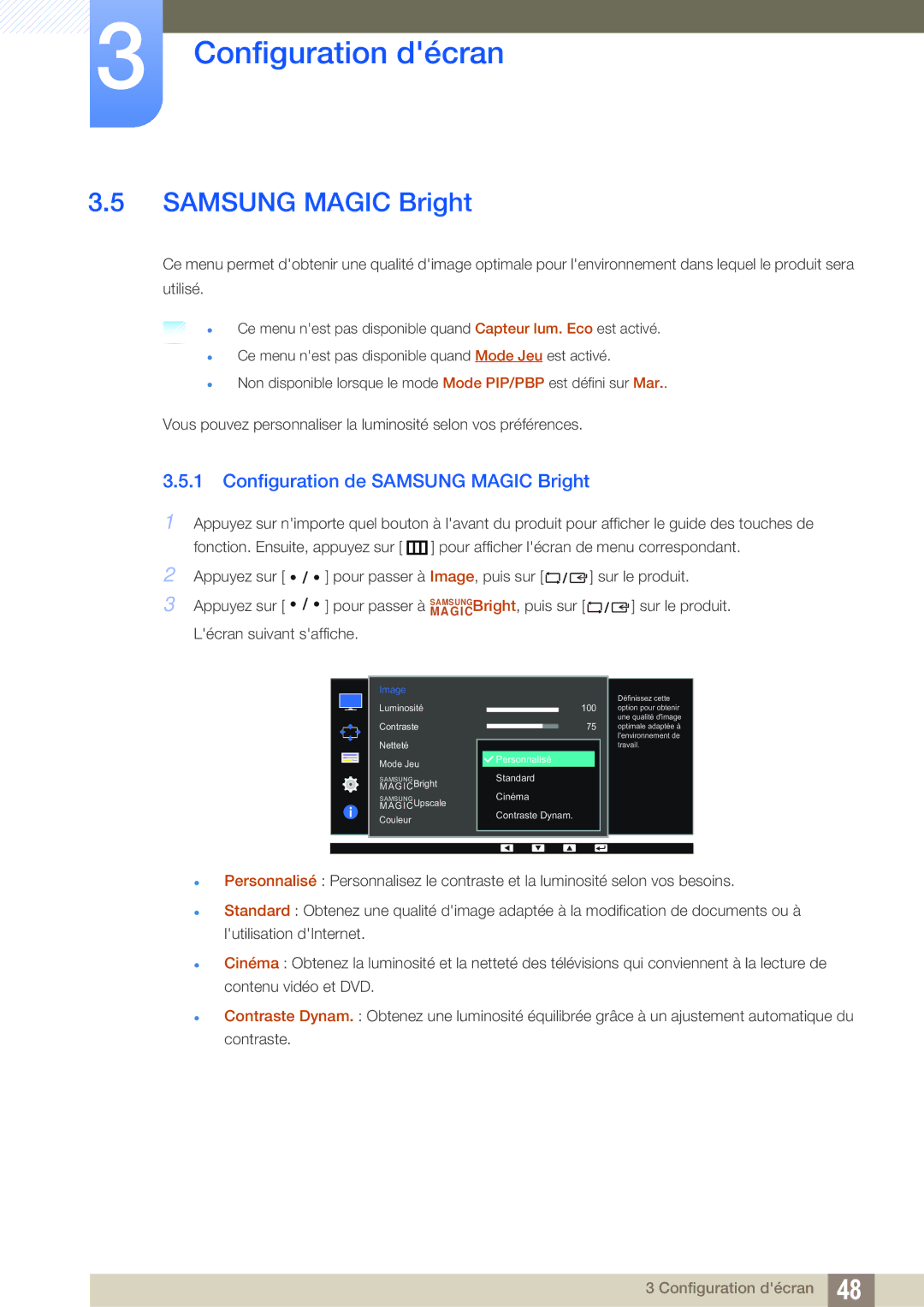 Samsung LS27D85KTSN/EN, LS32D85KTSR/EN, LS32D85KTSN/EN manual Configuration de Samsung Magic Bright 