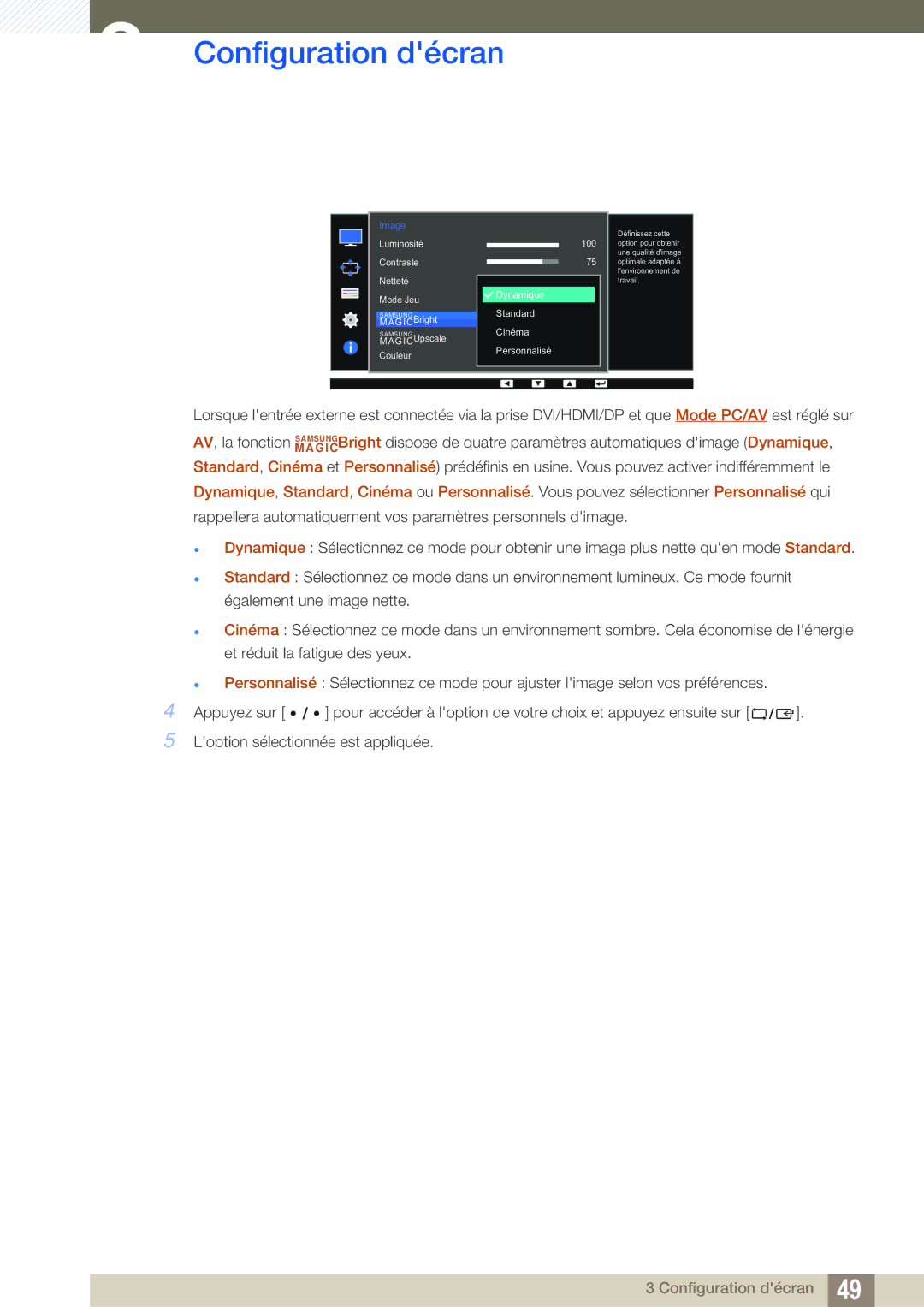 Samsung LS32D85KTSR/EN, LS27D85KTSN/EN, LS32D85KTSN/EN manual Configuration décran 