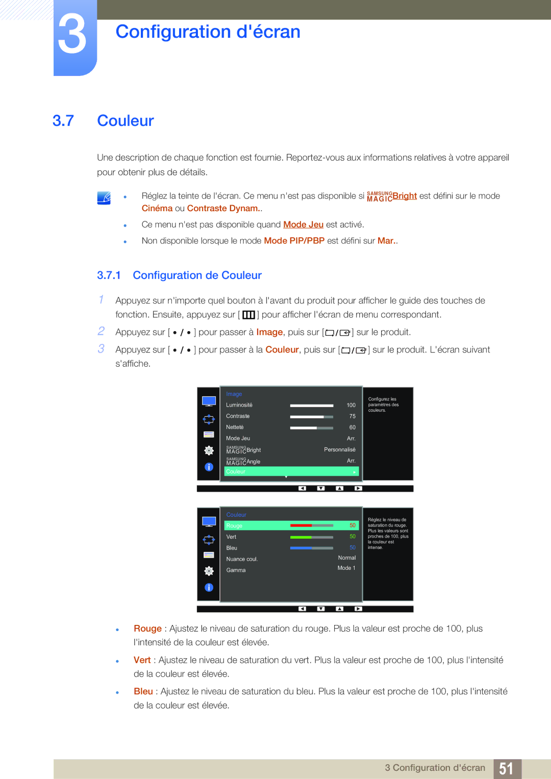 Samsung LS27D85KTSN/EN, LS32D85KTSR/EN, LS32D85KTSN/EN manual Configuration de Couleur, MAGIC Cinéma ou Contraste Dynam 