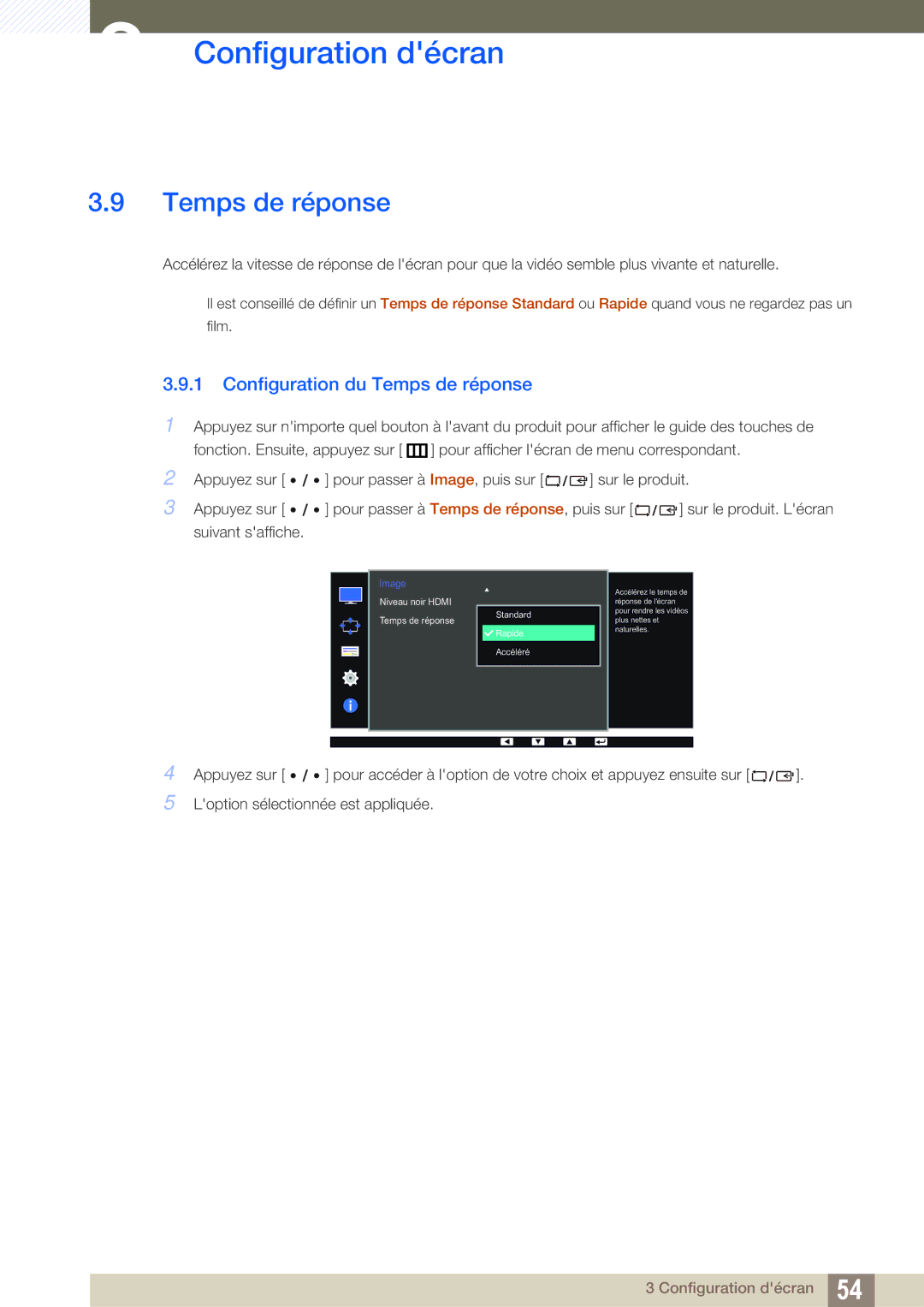 Samsung LS27D85KTSN/EN, LS32D85KTSR/EN, LS32D85KTSN/EN manual Configuration du Temps de réponse 