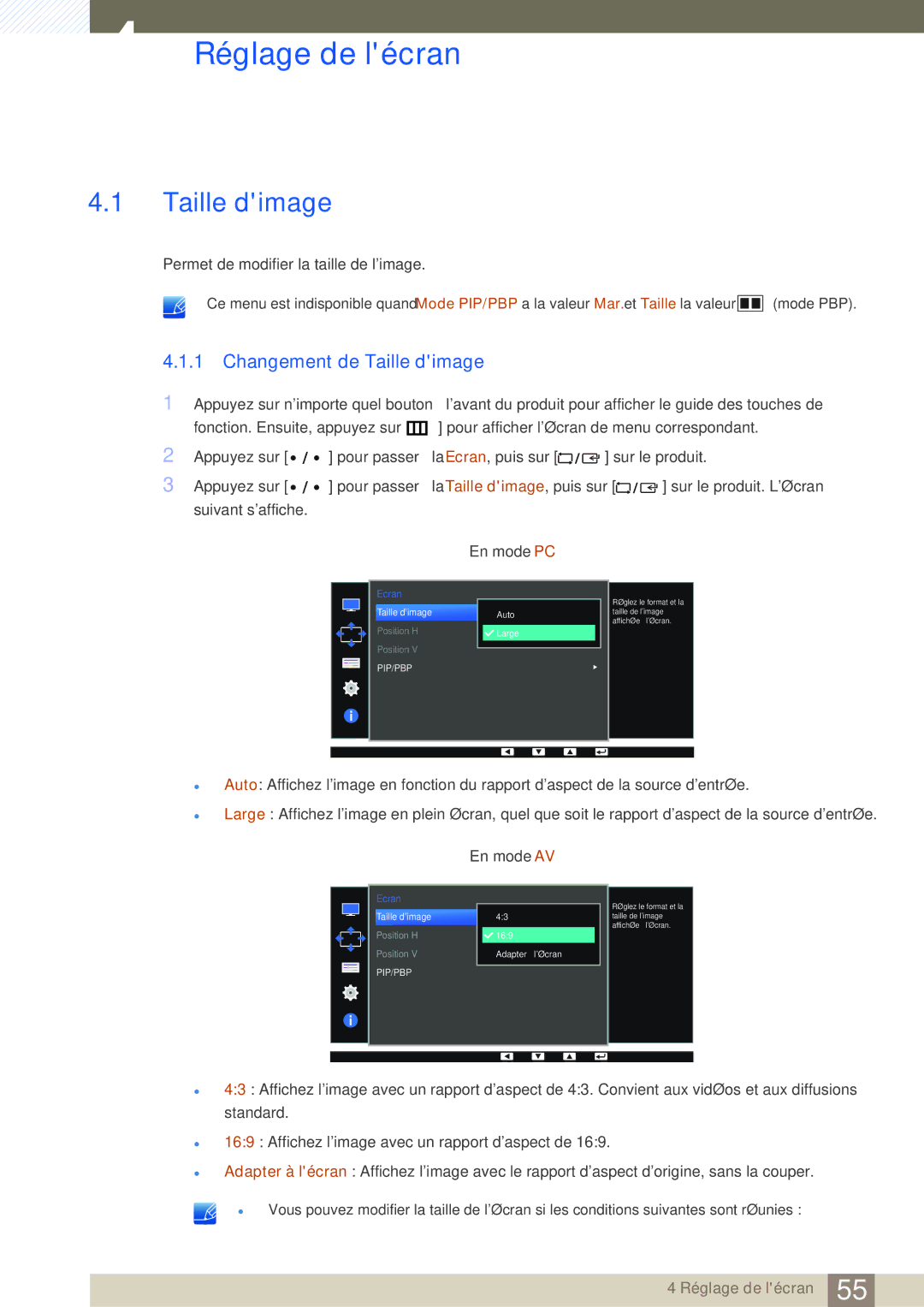 Samsung LS32D85KTSR/EN, LS27D85KTSN/EN, LS32D85KTSN/EN manual Réglage de lécran, Changement de Taille dimage 