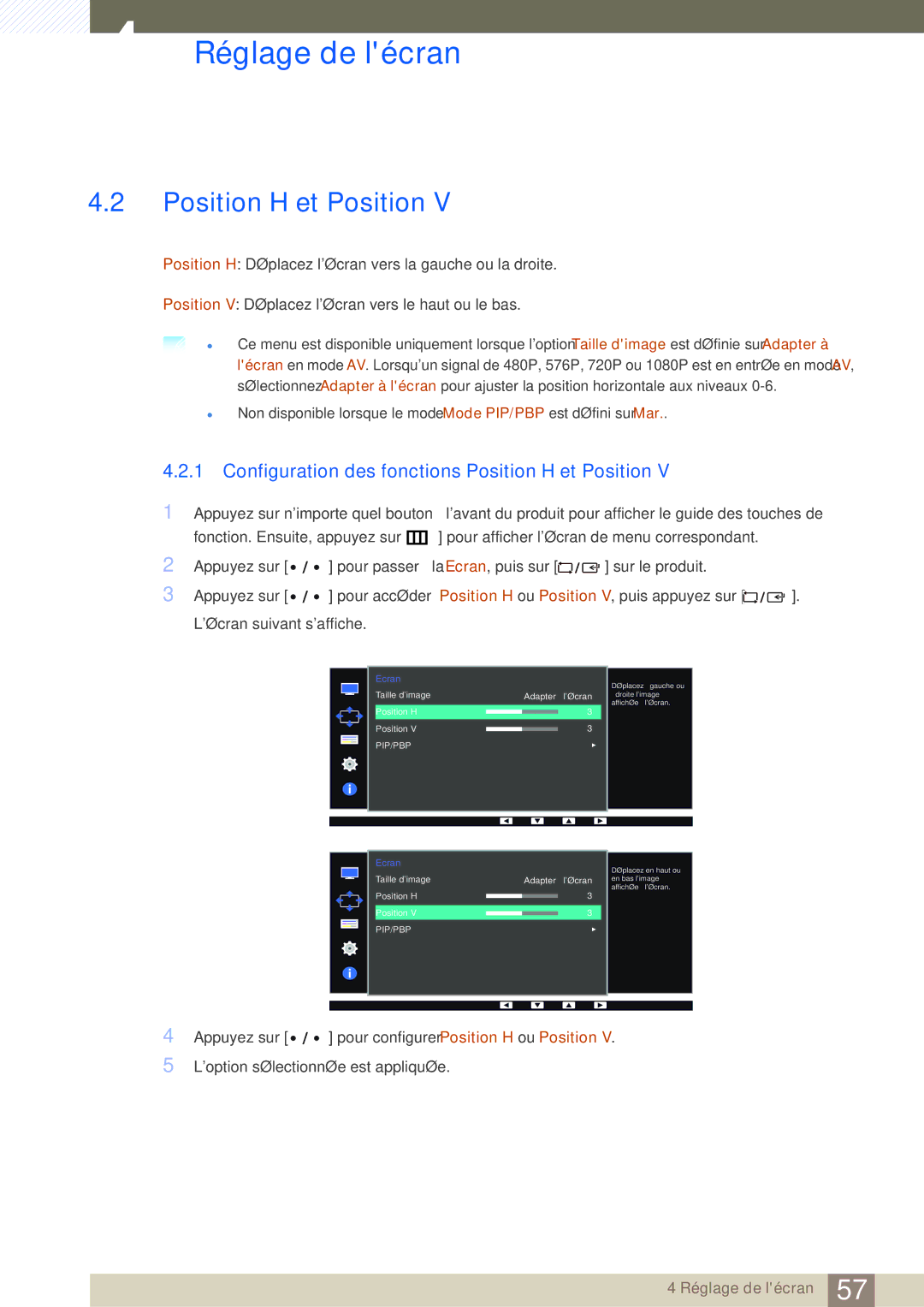 Samsung LS27D85KTSN/EN, LS32D85KTSR/EN, LS32D85KTSN/EN manual Configuration des fonctions Position H et Position 