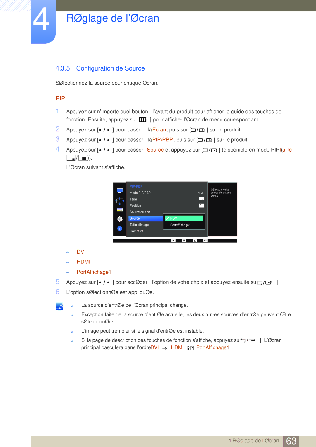 Samsung LS27D85KTSN/EN, LS32D85KTSR/EN, LS32D85KTSN/EN manual Configuration de Source,  PortAffichage1 