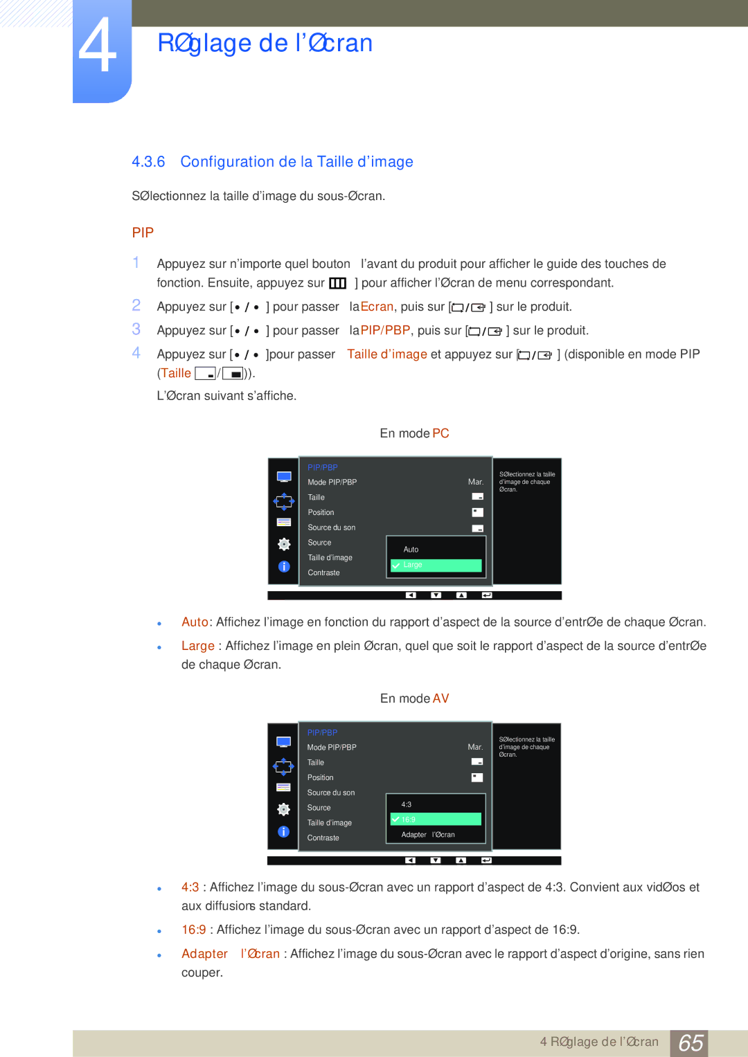 Samsung LS32D85KTSN/EN, LS27D85KTSN/EN, LS32D85KTSR/EN manual Configuration de la Taille dimage 