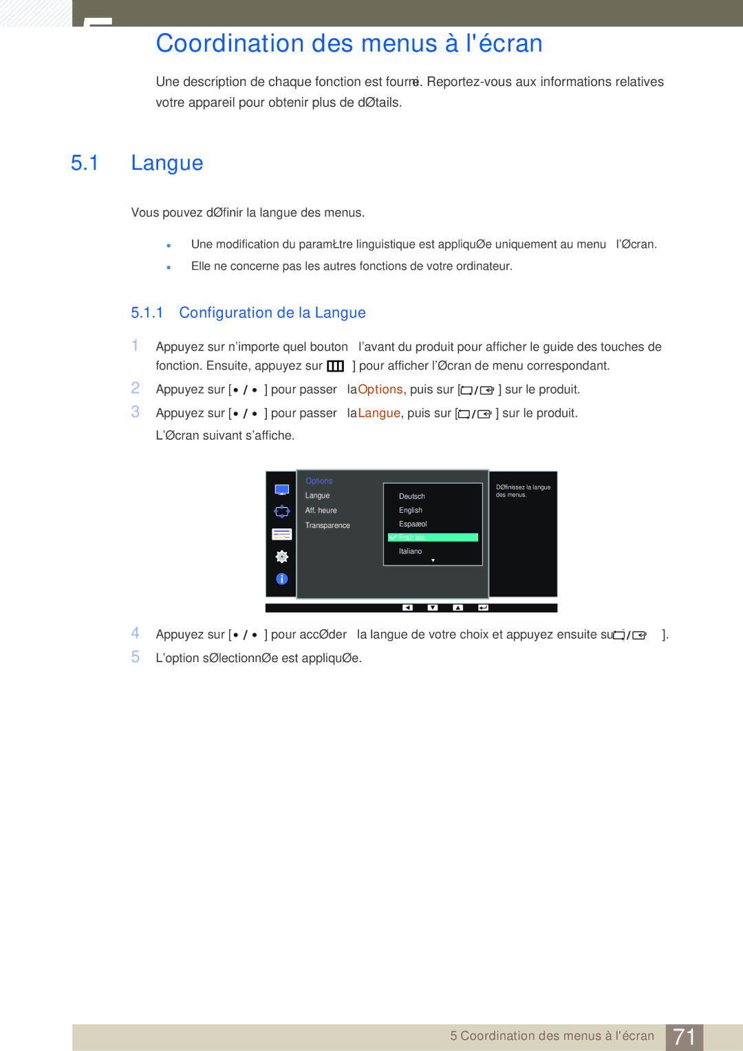 Samsung LS32D85KTSN/EN, LS27D85KTSN/EN, LS32D85KTSR/EN manual Coordination des menus à lécran, Configuration de la Langue 