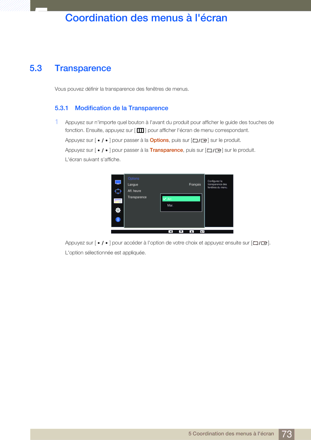 Samsung LS32D85KTSR/EN, LS27D85KTSN/EN, LS32D85KTSN/EN manual Modification de la Transparence 