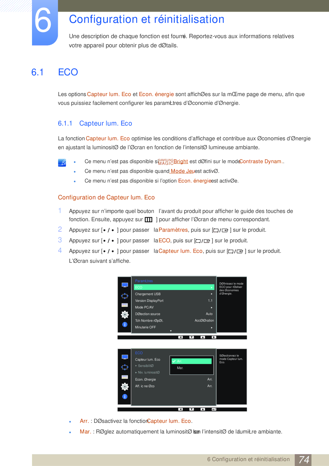 Samsung LS32D85KTSN/EN, LS27D85KTSN/EN, LS32D85KTSR/EN manual Configuration et réinitialisation, Capteur lum. Eco 