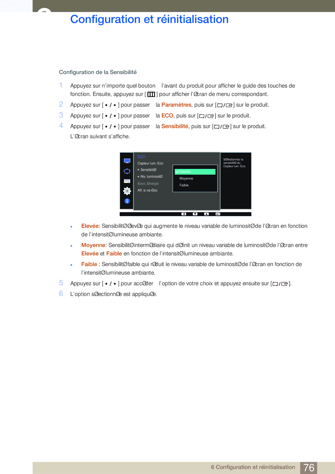 Samsung LS32D85KTSR/EN, LS27D85KTSN/EN, LS32D85KTSN/EN manual Configuration de la Sensibilité 