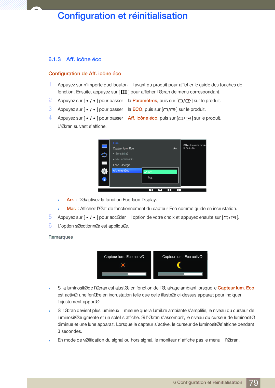 Samsung LS32D85KTSR/EN, LS27D85KTSN/EN, LS32D85KTSN/EN manual 3 Aff. icône éco, Configuration de Aff. icône éco 