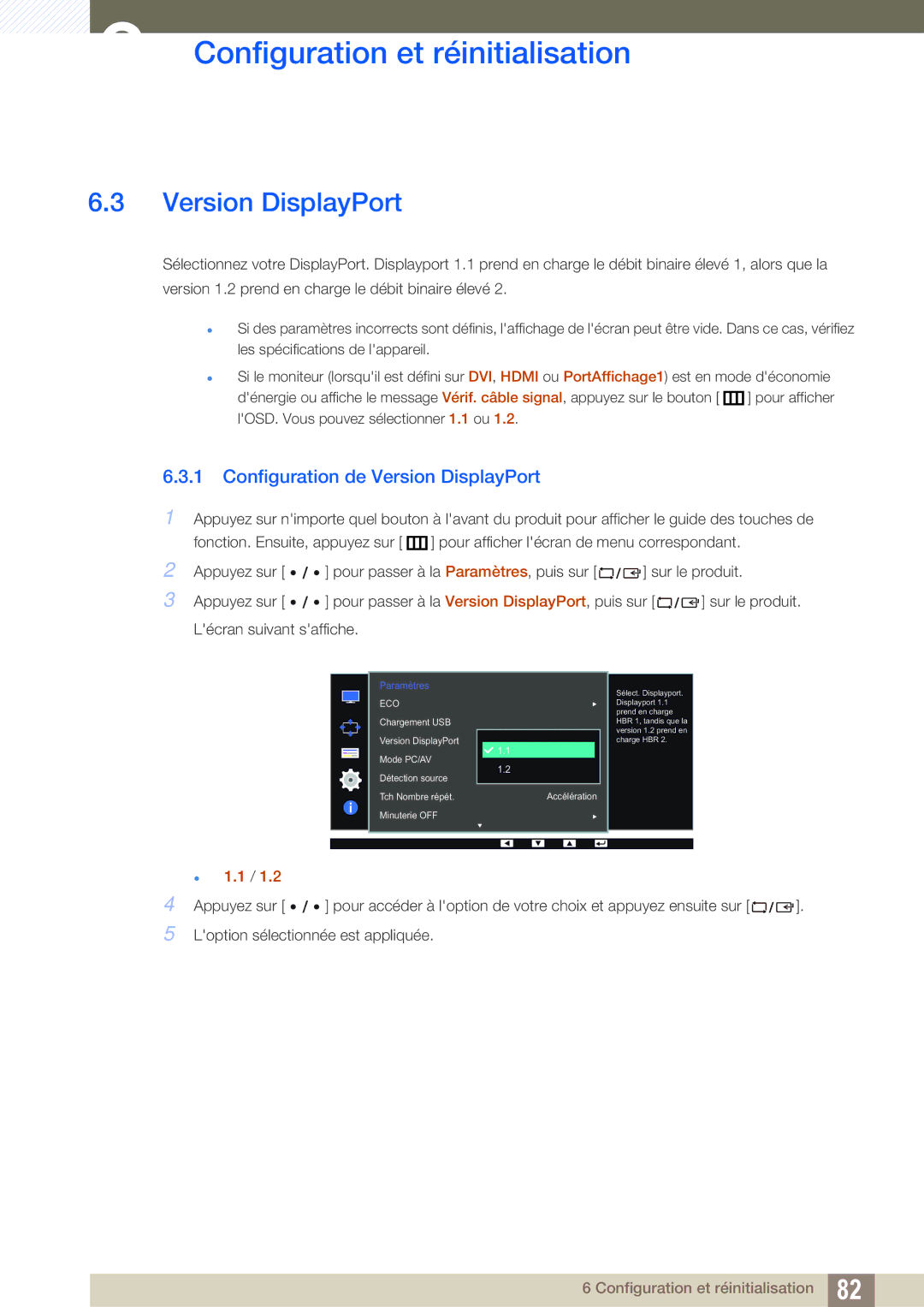 Samsung LS32D85KTSR/EN, LS27D85KTSN/EN, LS32D85KTSN/EN manual Configuration de Version DisplayPort,  1.1 