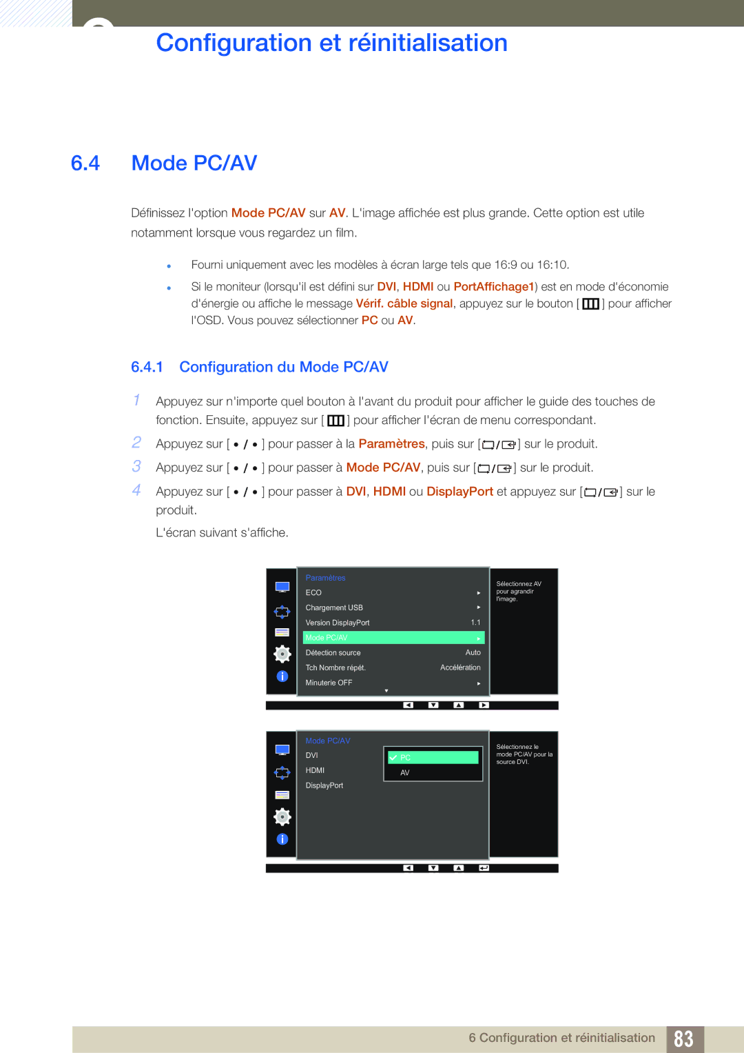 Samsung LS32D85KTSN/EN, LS27D85KTSN/EN, LS32D85KTSR/EN manual Configuration du Mode PC/AV 