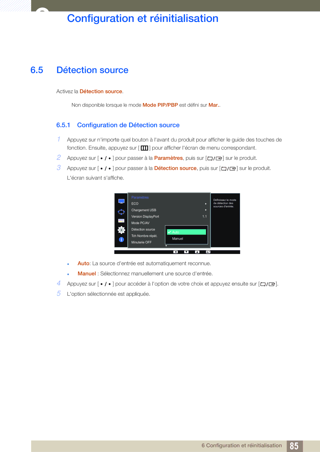 Samsung LS32D85KTSR/EN, LS27D85KTSN/EN, LS32D85KTSN/EN Configuration de Détection source, Activez la Détection source 