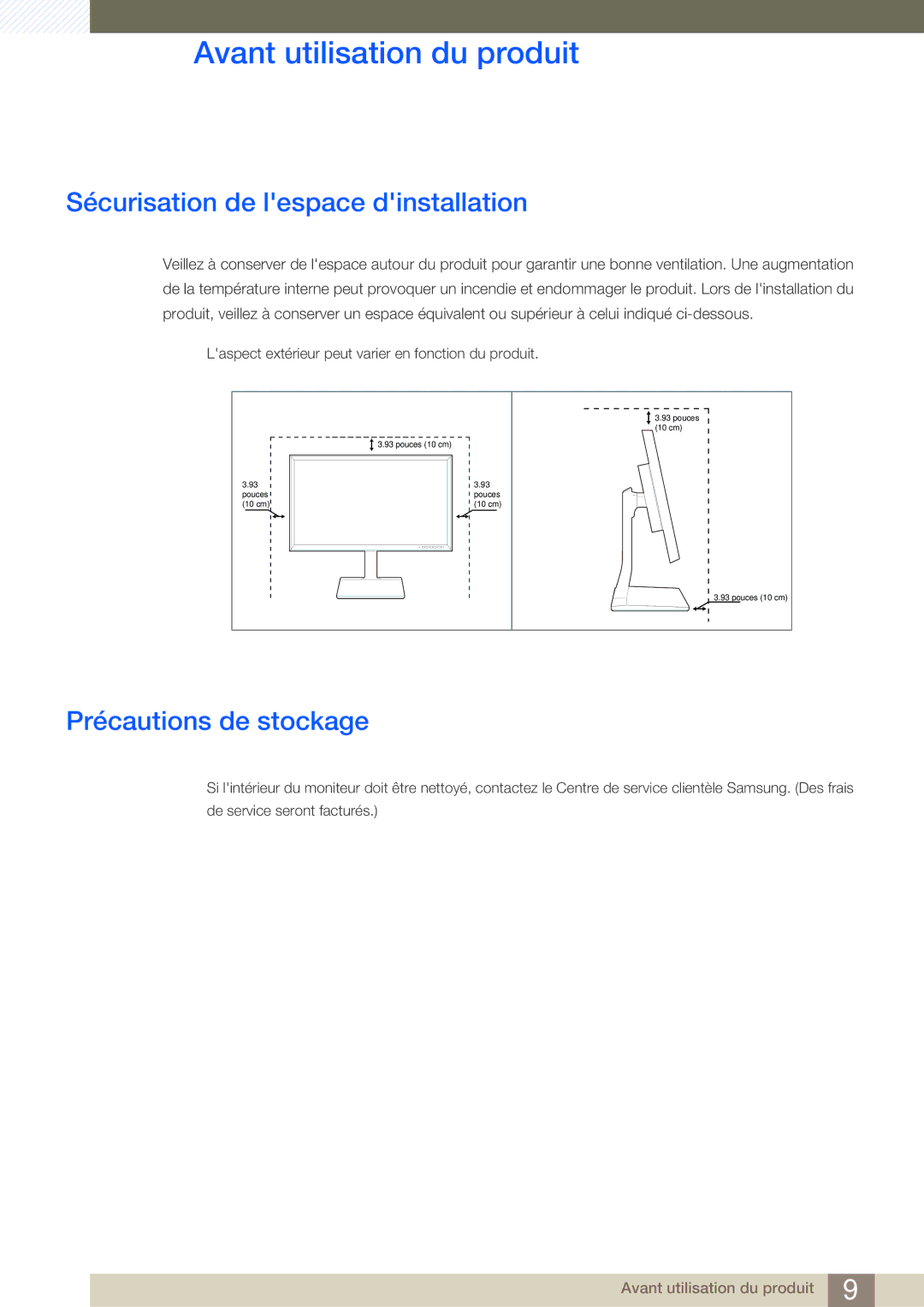 Samsung LS27D85KTSN/EN, LS32D85KTSR/EN, LS32D85KTSN/EN manual Sécurisation de lespace dinstallation, Précautions de stockage 