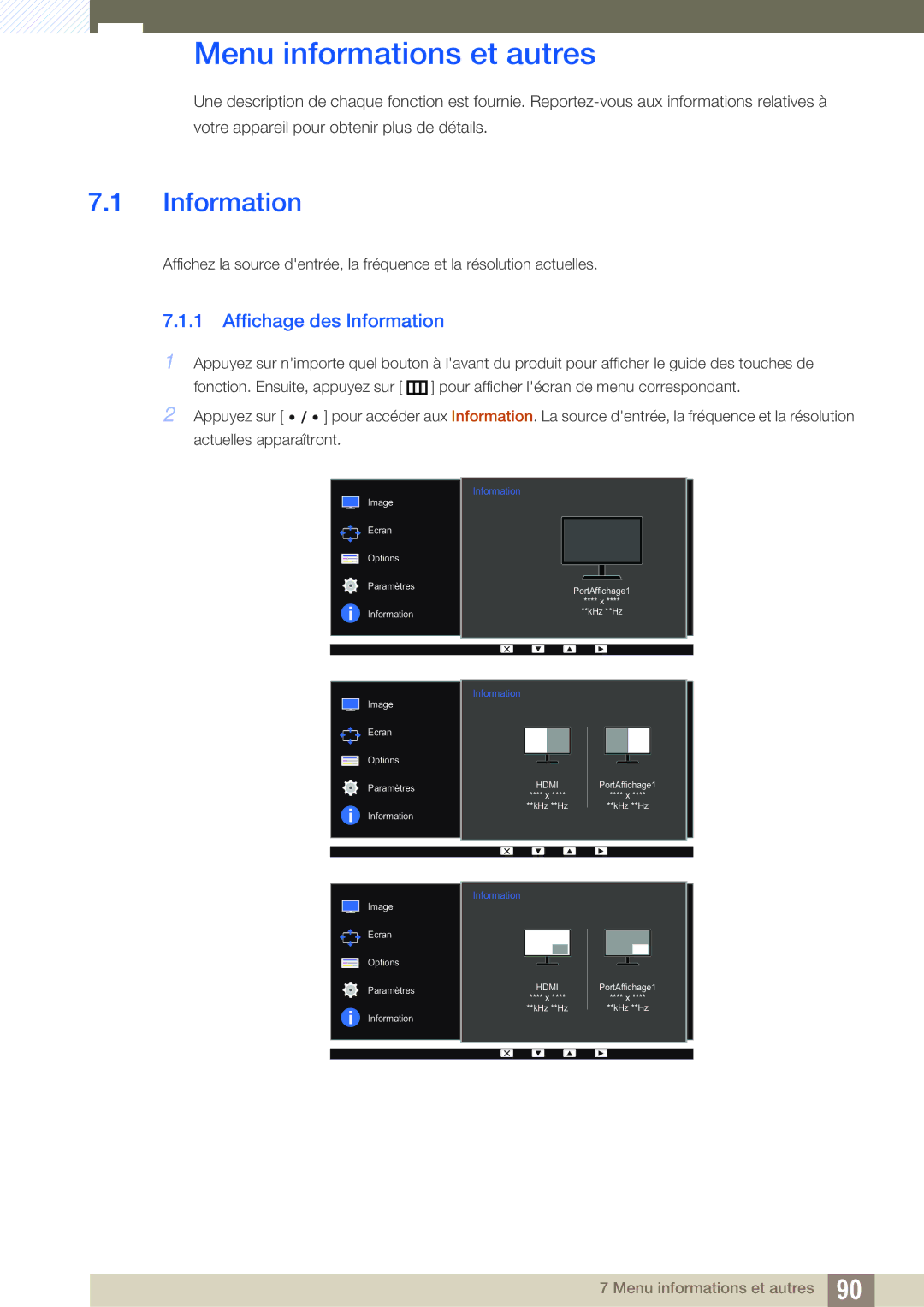 Samsung LS27D85KTSN/EN, LS32D85KTSR/EN, LS32D85KTSN/EN manual Menu informations et autres, Affichage des Information 