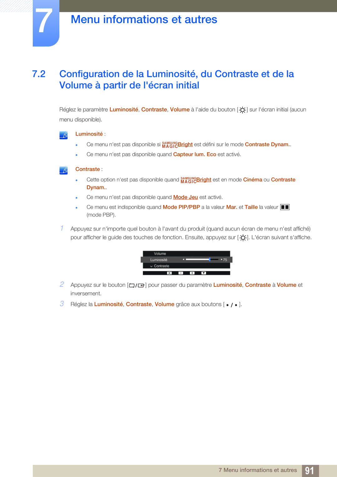 Samsung LS32D85KTSR/EN, LS27D85KTSN/EN, LS32D85KTSN/EN manual Luminosité, Contraste 