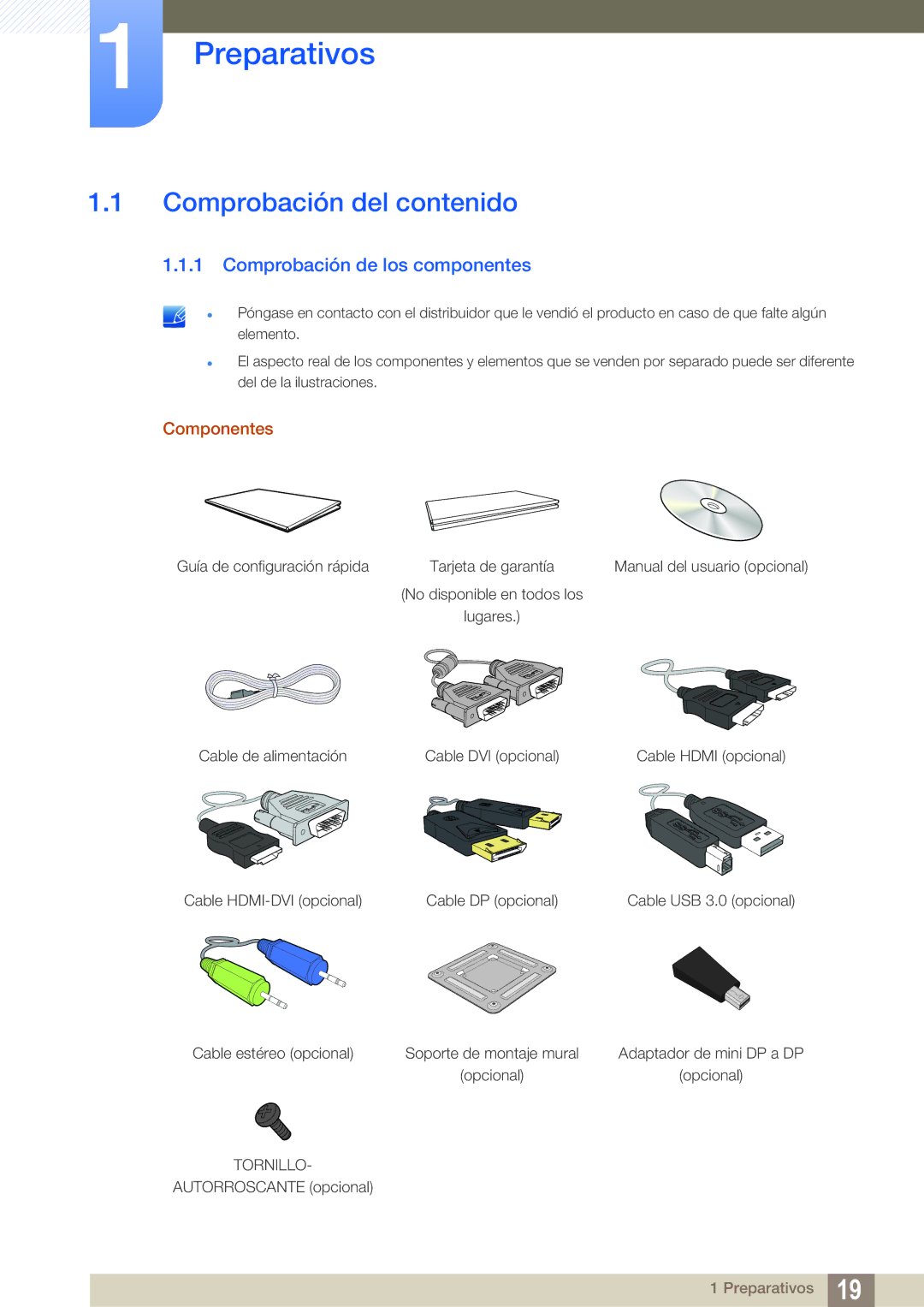 Samsung LS32D85KTSR/EN manual Preparativos, Comprobación del contenido, Comprobación de los componentes, Componentes 