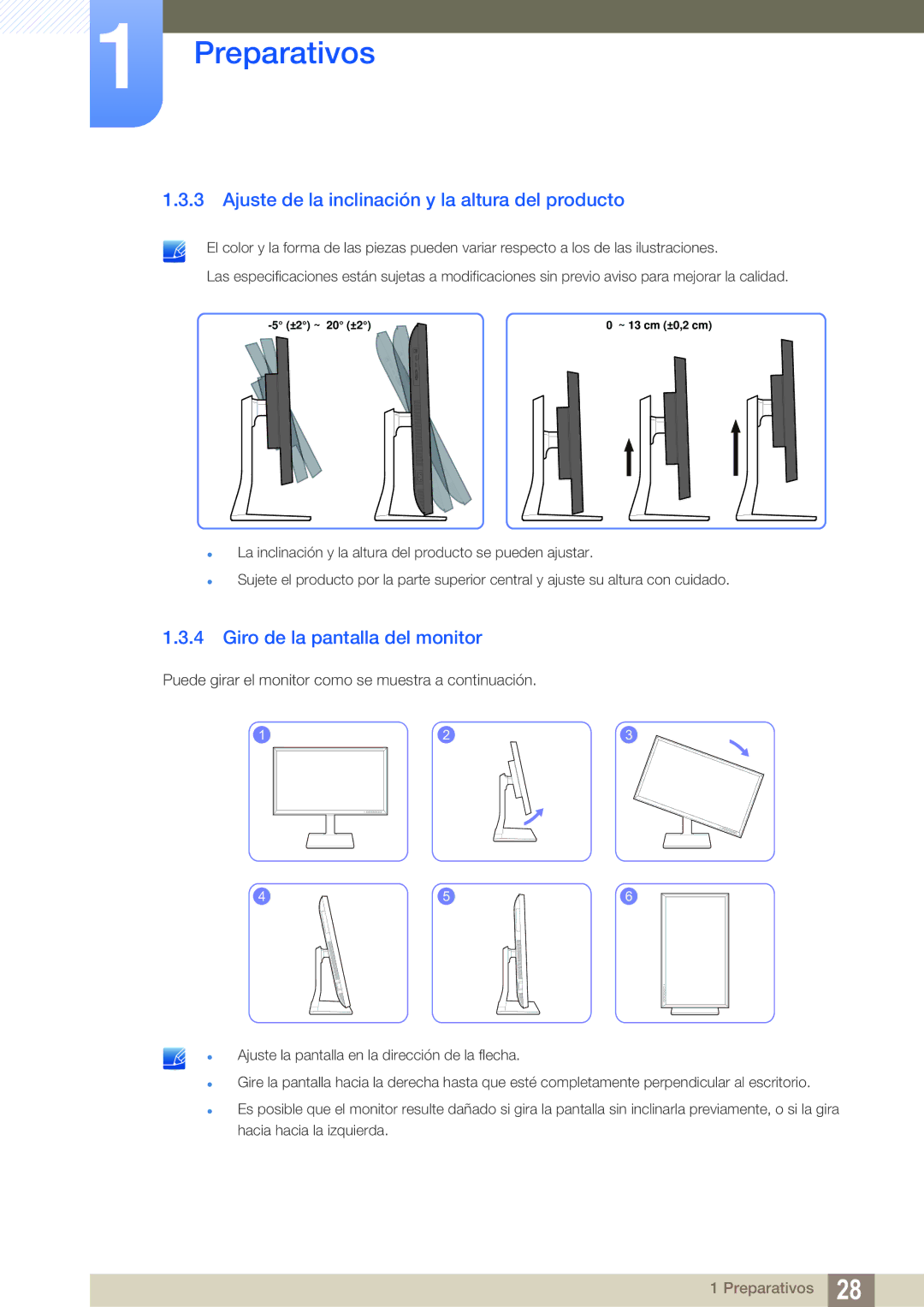 Samsung LS32D85KTSR/EN, LS27D85KTSN/EN Ajuste de la inclinación y la altura del producto, Giro de la pantalla del monitor 