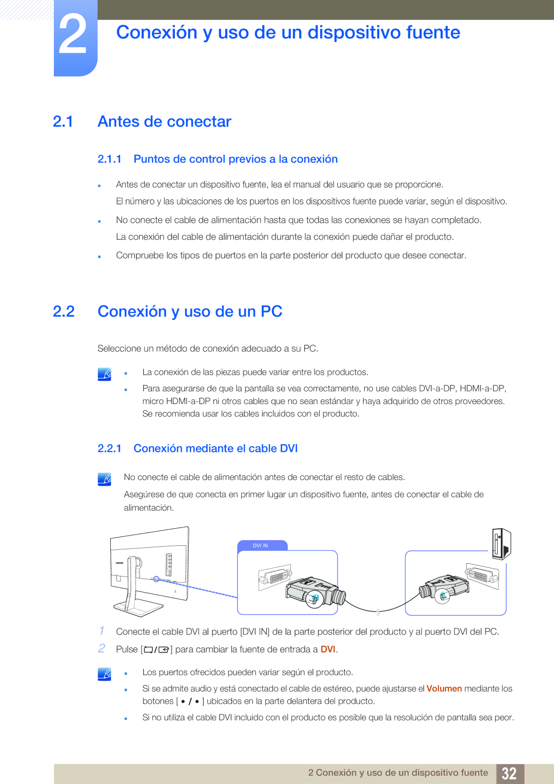 Samsung LS32D85KTSN/EN, LS27D85KTSN/EN Conexión y uso de un dispositivo fuente, Antes de conectar, Conexión y uso de un PC 