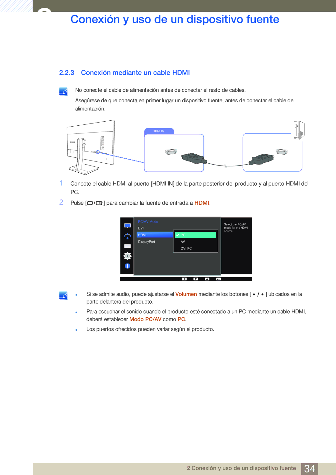 Samsung LS32D85KTSR/EN, LS27D85KTSN/EN, LS32D85KTSN/EN manual Conexión mediante un cable Hdmi 