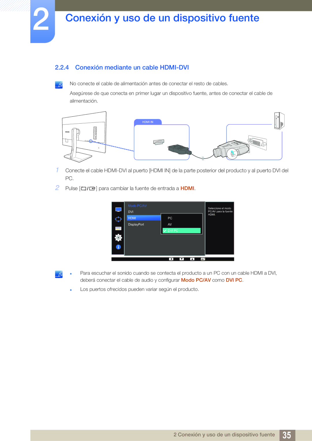 Samsung LS32D85KTSN/EN, LS27D85KTSN/EN, LS32D85KTSR/EN manual Conexión mediante un cable HDMI-DVI 