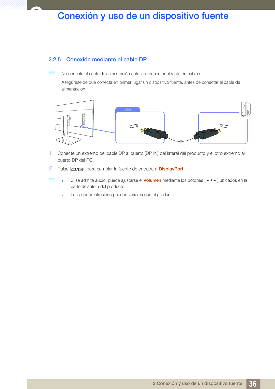 Samsung LS27D85KTSN/EN, LS32D85KTSR/EN, LS32D85KTSN/EN manual Conexión mediante el cable DP 