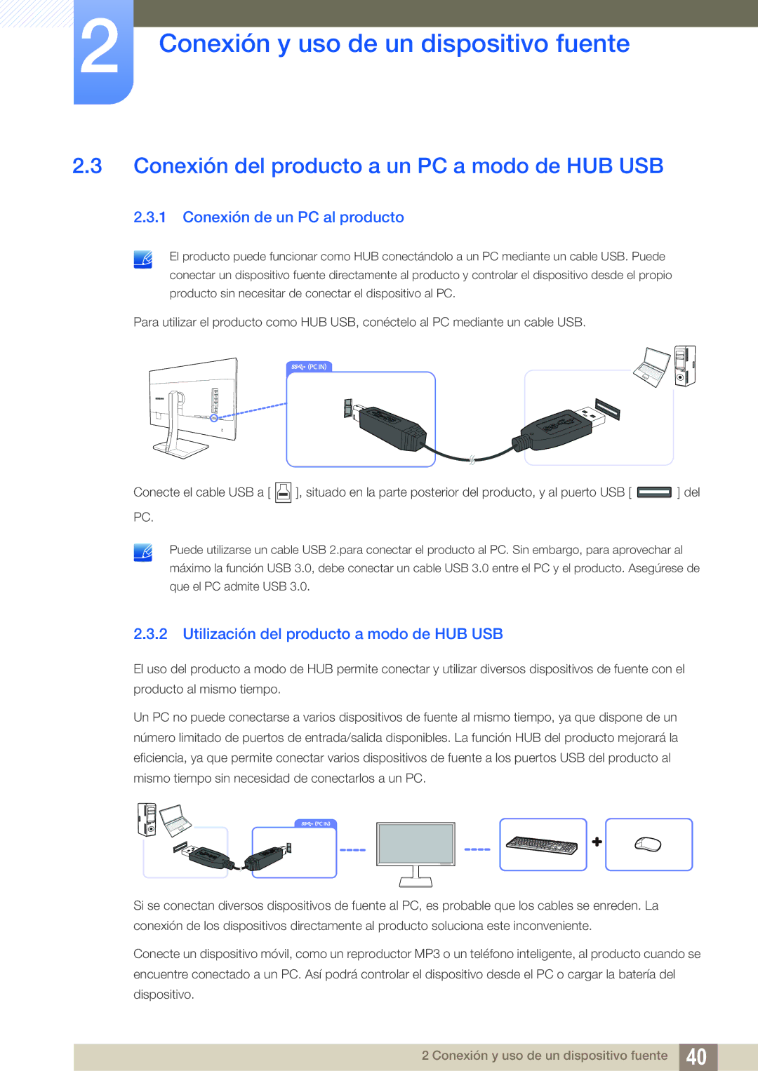 Samsung LS32D85KTSR/EN, LS27D85KTSN/EN manual Conexión del producto a un PC a modo de HUB USB, Conexión de un PC al producto 