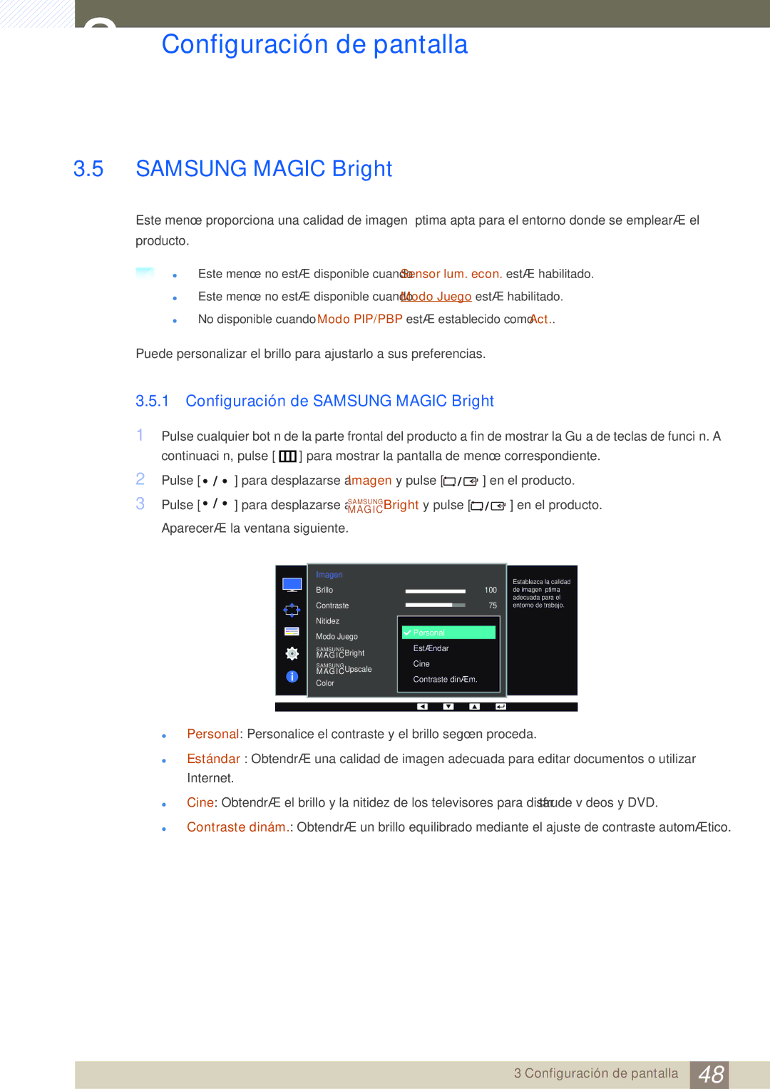 Samsung LS27D85KTSN/EN, LS32D85KTSR/EN, LS32D85KTSN/EN manual Configuración de Samsung Magic Bright 