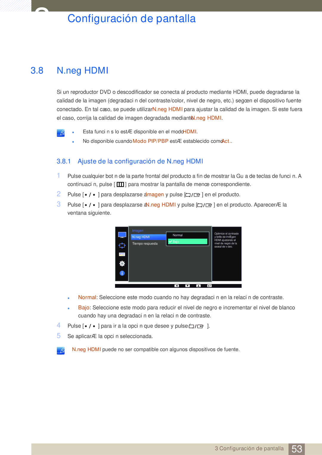 Samsung LS32D85KTSN/EN, LS27D85KTSN/EN, LS32D85KTSR/EN manual Ajuste de la configuración de N.neg Hdmi 