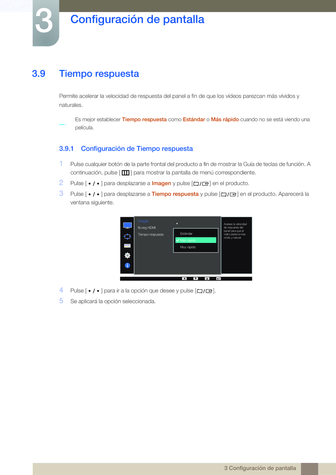 Samsung LS27D85KTSN/EN, LS32D85KTSR/EN, LS32D85KTSN/EN manual Configuración de Tiempo respuesta 