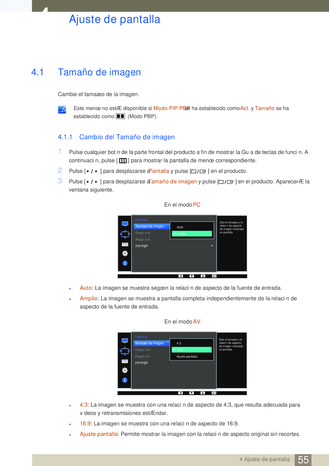 Samsung LS32D85KTSR/EN, LS27D85KTSN/EN, LS32D85KTSN/EN manual Ajuste de pantalla, Cambio del Tamaño de imagen 