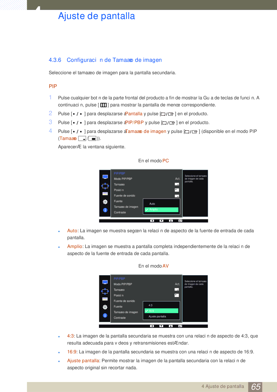 Samsung LS32D85KTSN/EN, LS27D85KTSN/EN, LS32D85KTSR/EN manual Configuración de Tamaño de imagen 