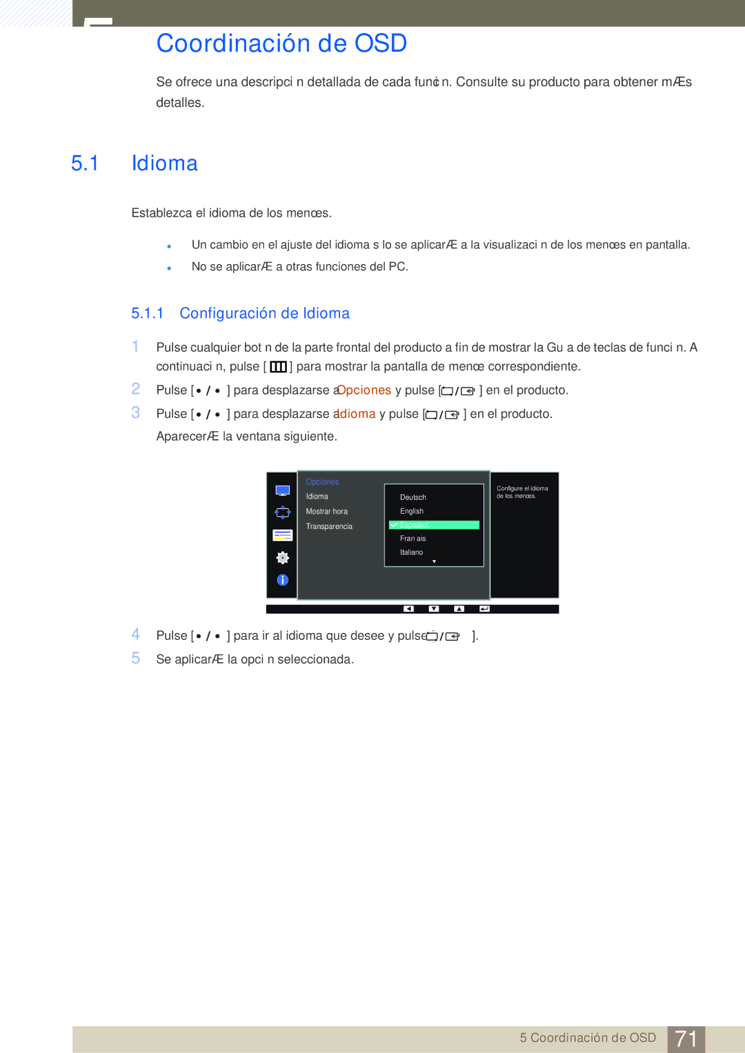 Samsung LS32D85KTSN/EN, LS27D85KTSN/EN, LS32D85KTSR/EN manual Coordinación de OSD, Configuración de Idioma 