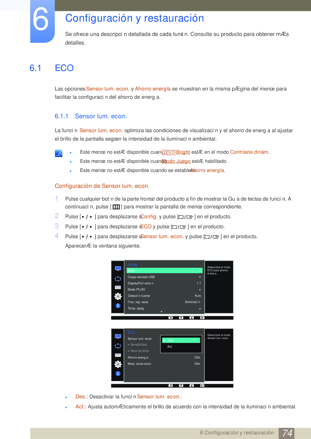Samsung LS32D85KTSN/EN, LS27D85KTSN/EN manual Configuración y restauración, Eco, Configuración de Sensor lum. econ 