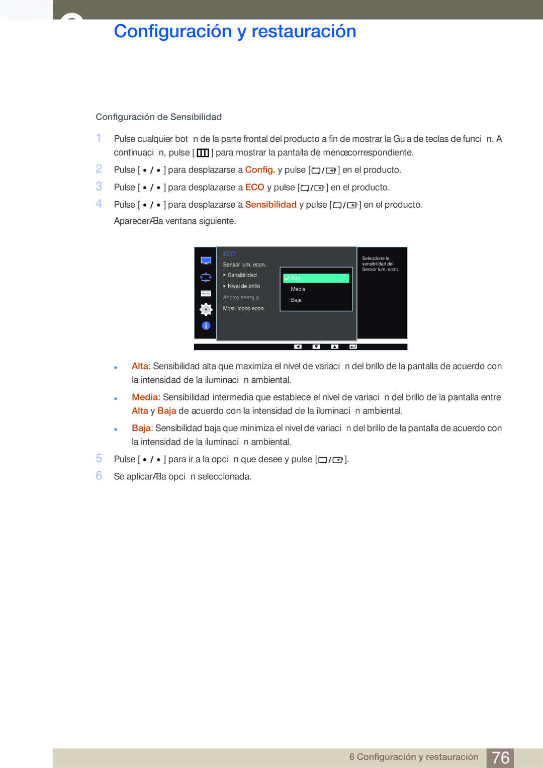 Samsung LS32D85KTSR/EN, LS27D85KTSN/EN, LS32D85KTSN/EN manual Configuración de Sensibilidad 