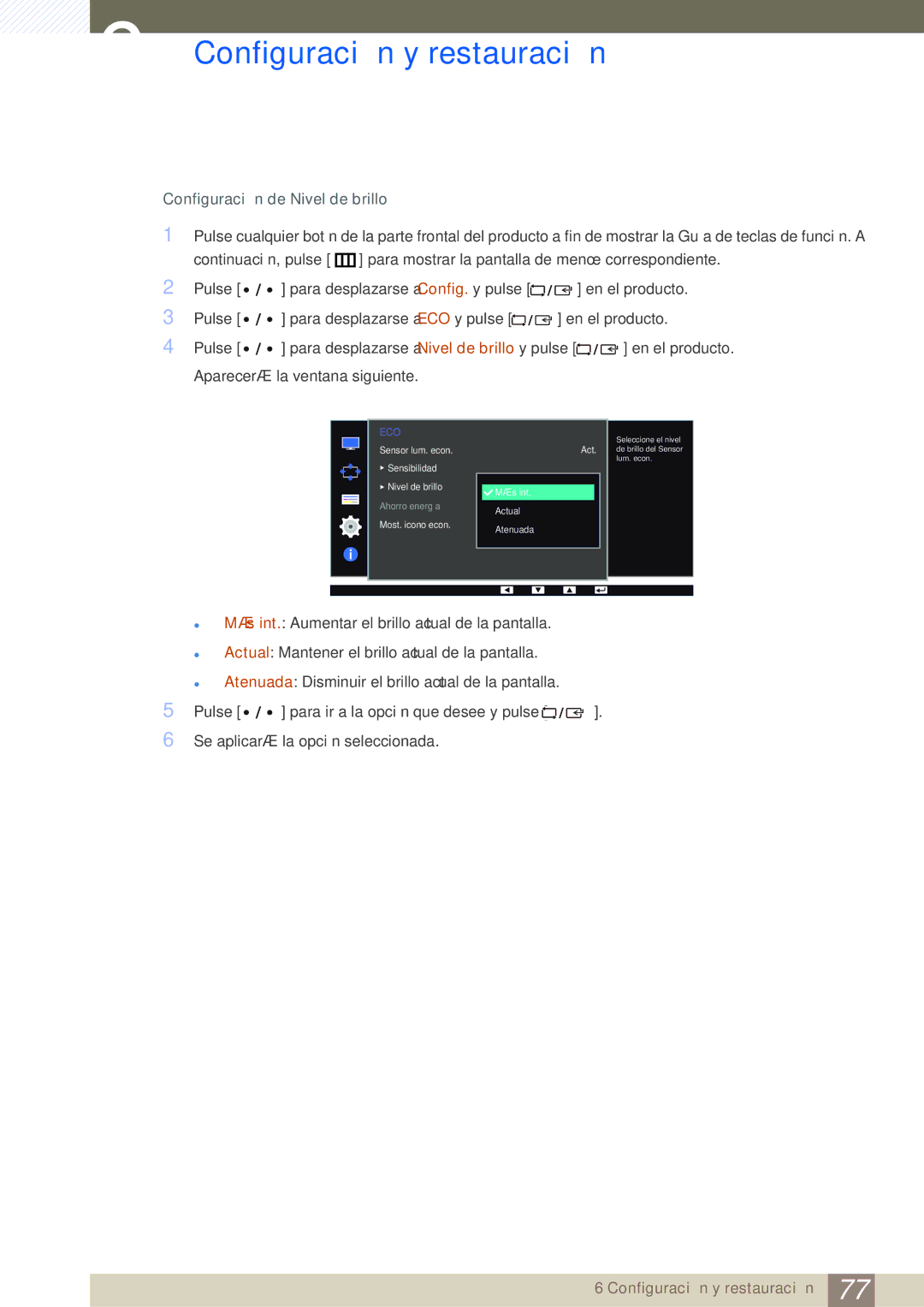 Samsung LS32D85KTSN/EN, LS27D85KTSN/EN, LS32D85KTSR/EN manual Configuración de Nivel de brillo 