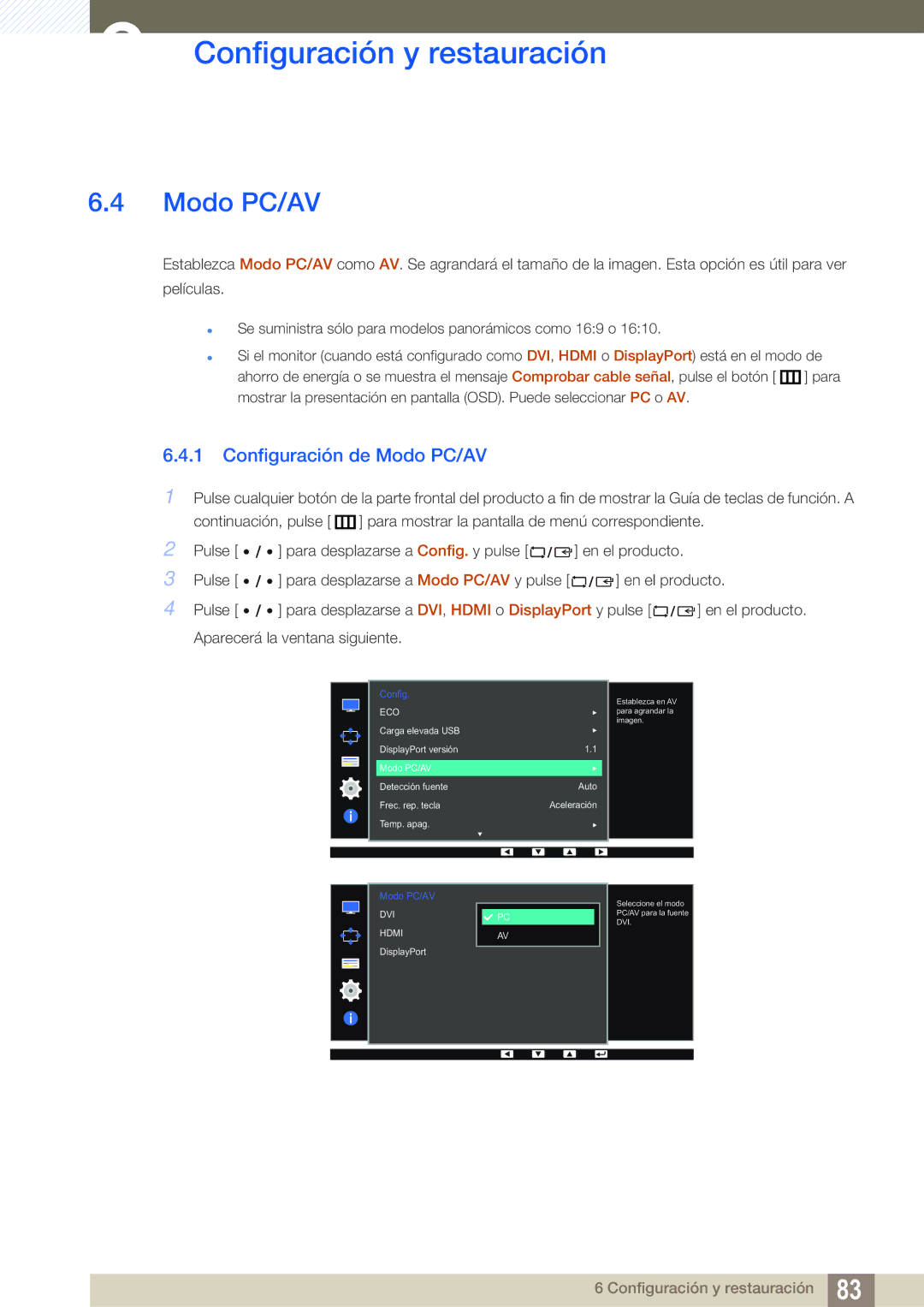 Samsung LS32D85KTSN/EN, LS27D85KTSN/EN, LS32D85KTSR/EN manual Configuración de Modo PC/AV 