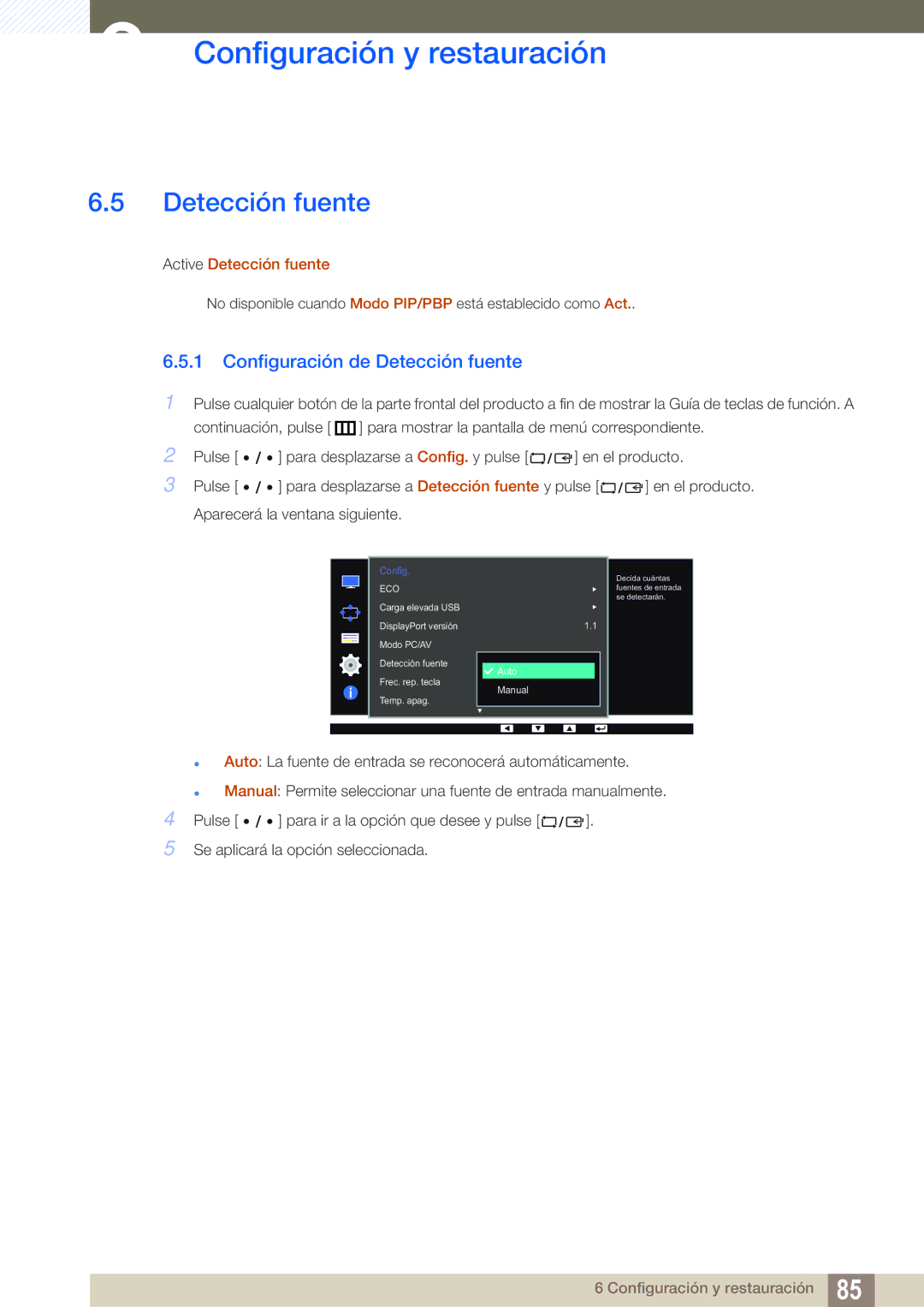 Samsung LS32D85KTSR/EN, LS27D85KTSN/EN, LS32D85KTSN/EN manual Configuración de Detección fuente, Active Detección fuente 