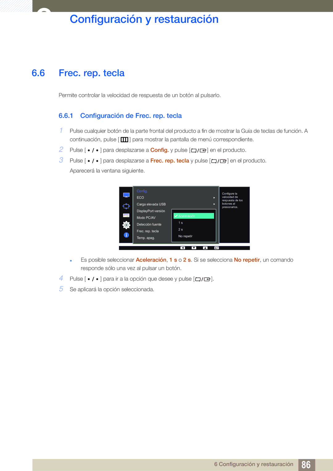 Samsung LS32D85KTSN/EN, LS27D85KTSN/EN, LS32D85KTSR/EN manual Configuración de Frec. rep. tecla 