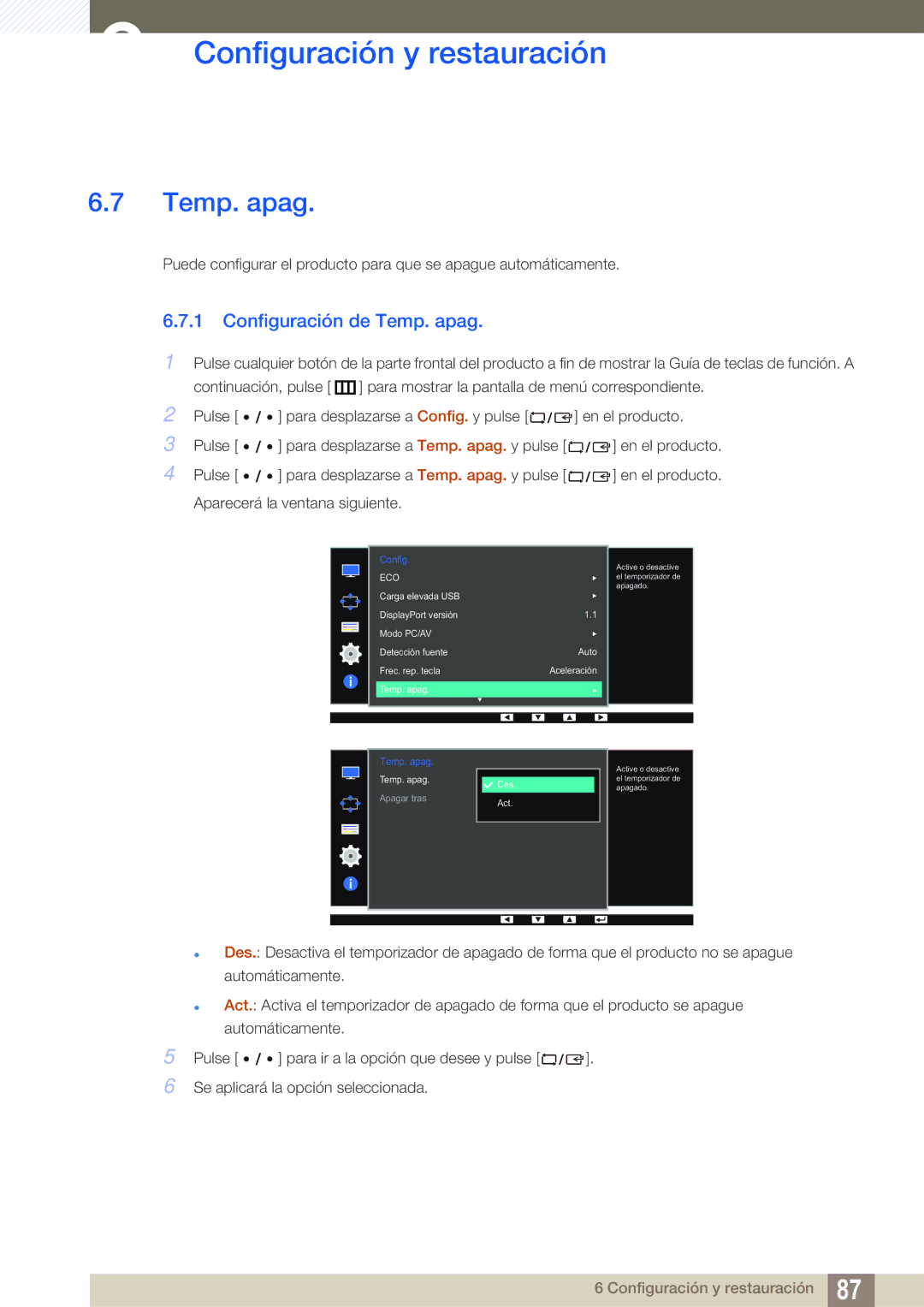 Samsung LS27D85KTSN/EN, LS32D85KTSR/EN, LS32D85KTSN/EN manual Configuración de Temp. apag 