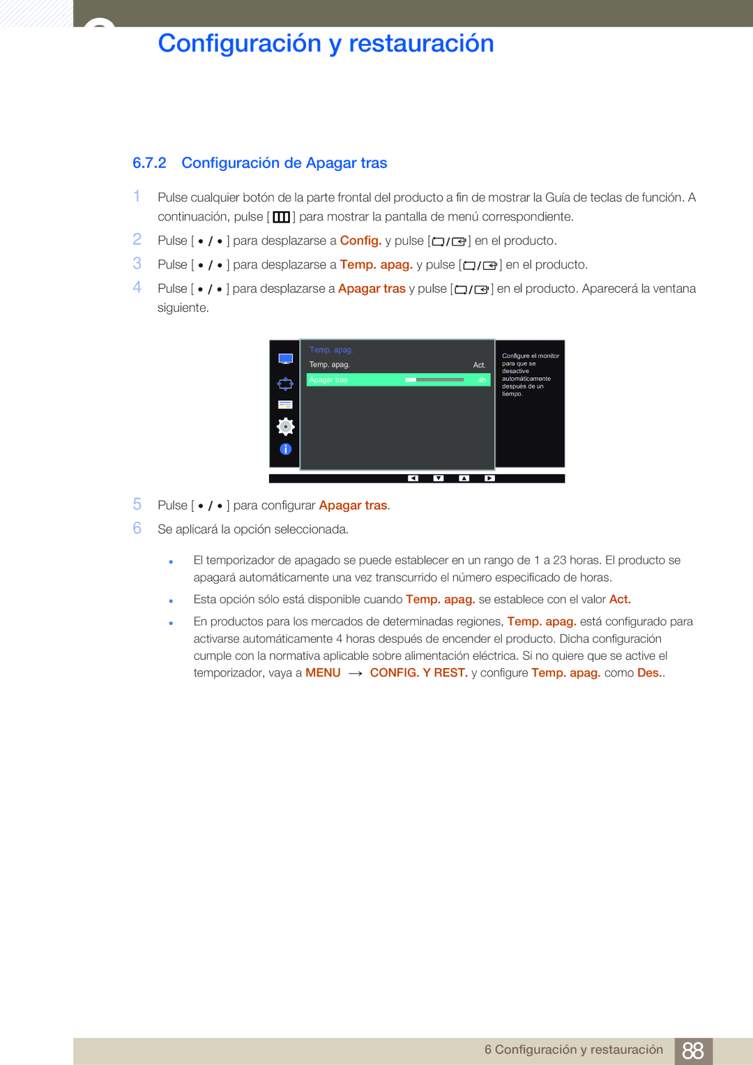 Samsung LS32D85KTSR/EN, LS27D85KTSN/EN, LS32D85KTSN/EN manual Configuración de Apagar tras 