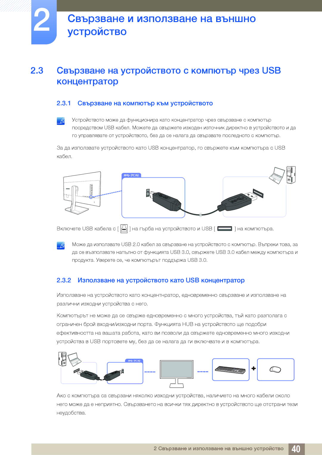 Samsung LS32D85KTSR/EN, LS27D85KTSN/EN, LS32D85KTSN/EN manual Свързване на устройството с компютър чрез USB концентратор 