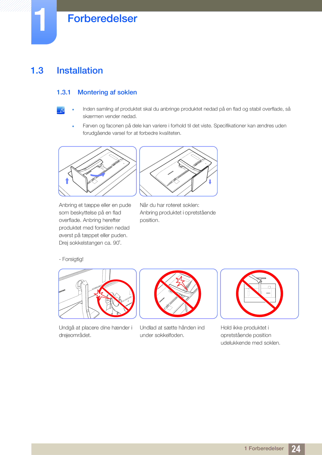 Samsung LS27D85KTSN/EN, LS32D85KTSR/EN, LS32D85KTSN/EN manual Installation, Montering af soklen 