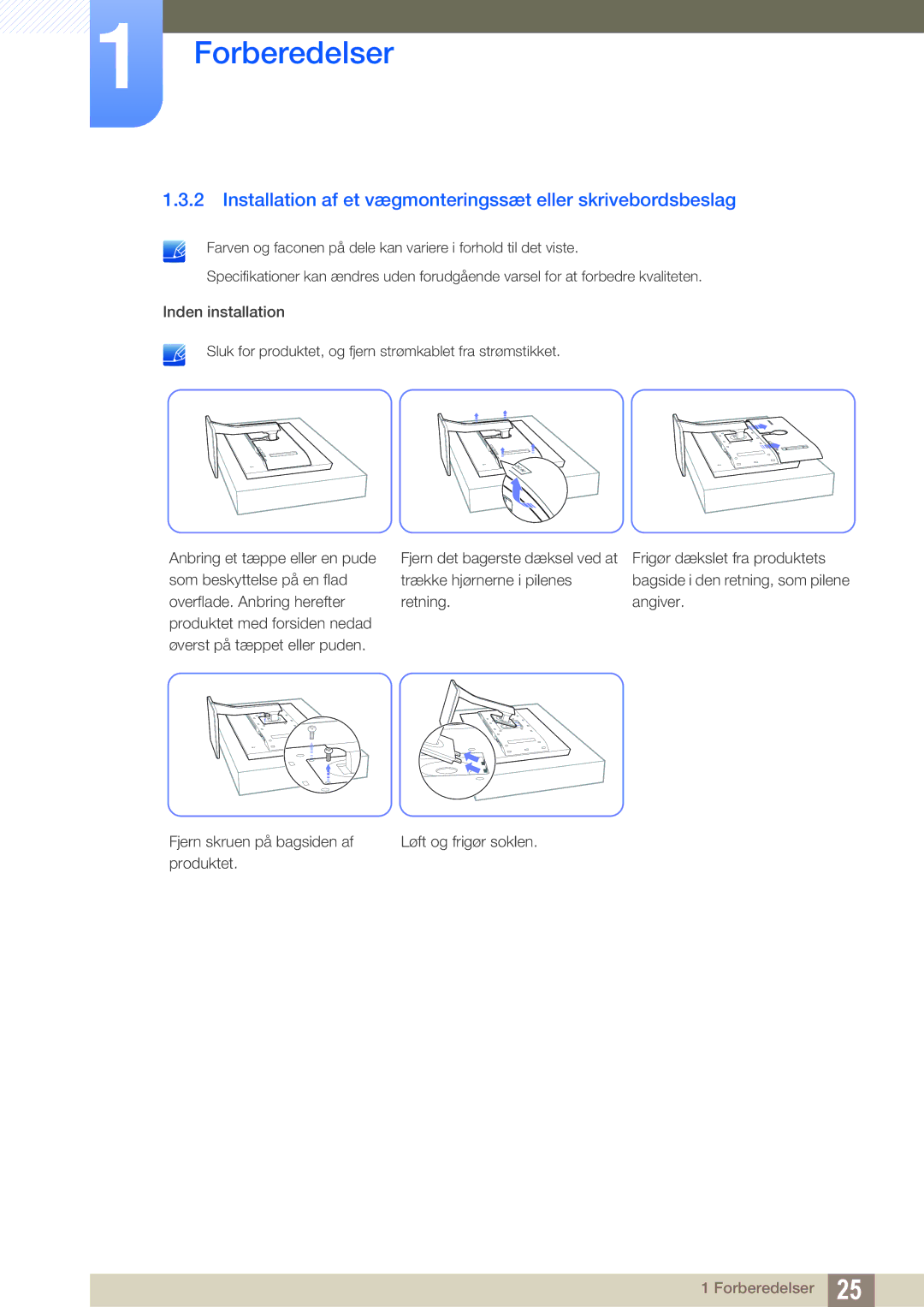 Samsung LS32D85KTSR/EN, LS27D85KTSN/EN, LS32D85KTSN/EN manual Installation af et vægmonteringssæt eller skrivebordsbeslag 