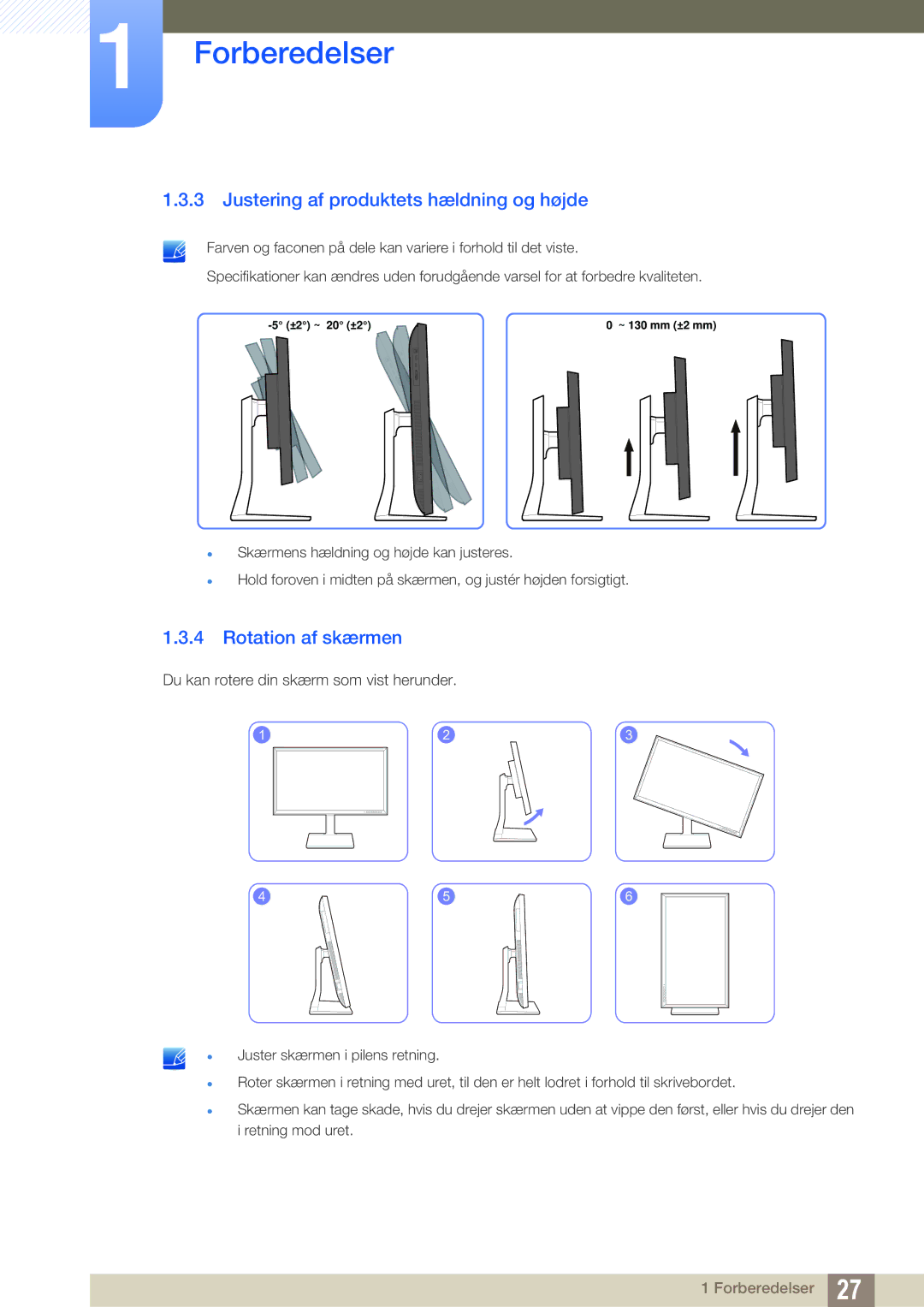 Samsung LS27D85KTSN/EN, LS32D85KTSR/EN, LS32D85KTSN/EN manual Justering af produktets hældning og højde, Rotation af skærmen 