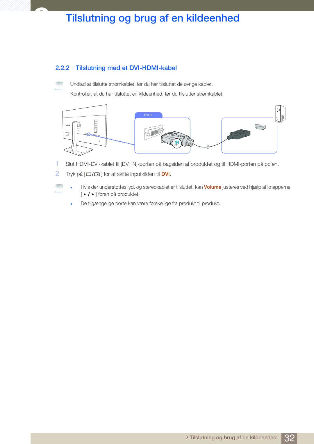 Samsung LS32D85KTSN/EN, LS27D85KTSN/EN, LS32D85KTSR/EN manual Tilslutning med et DVI-HDMI-kabel 