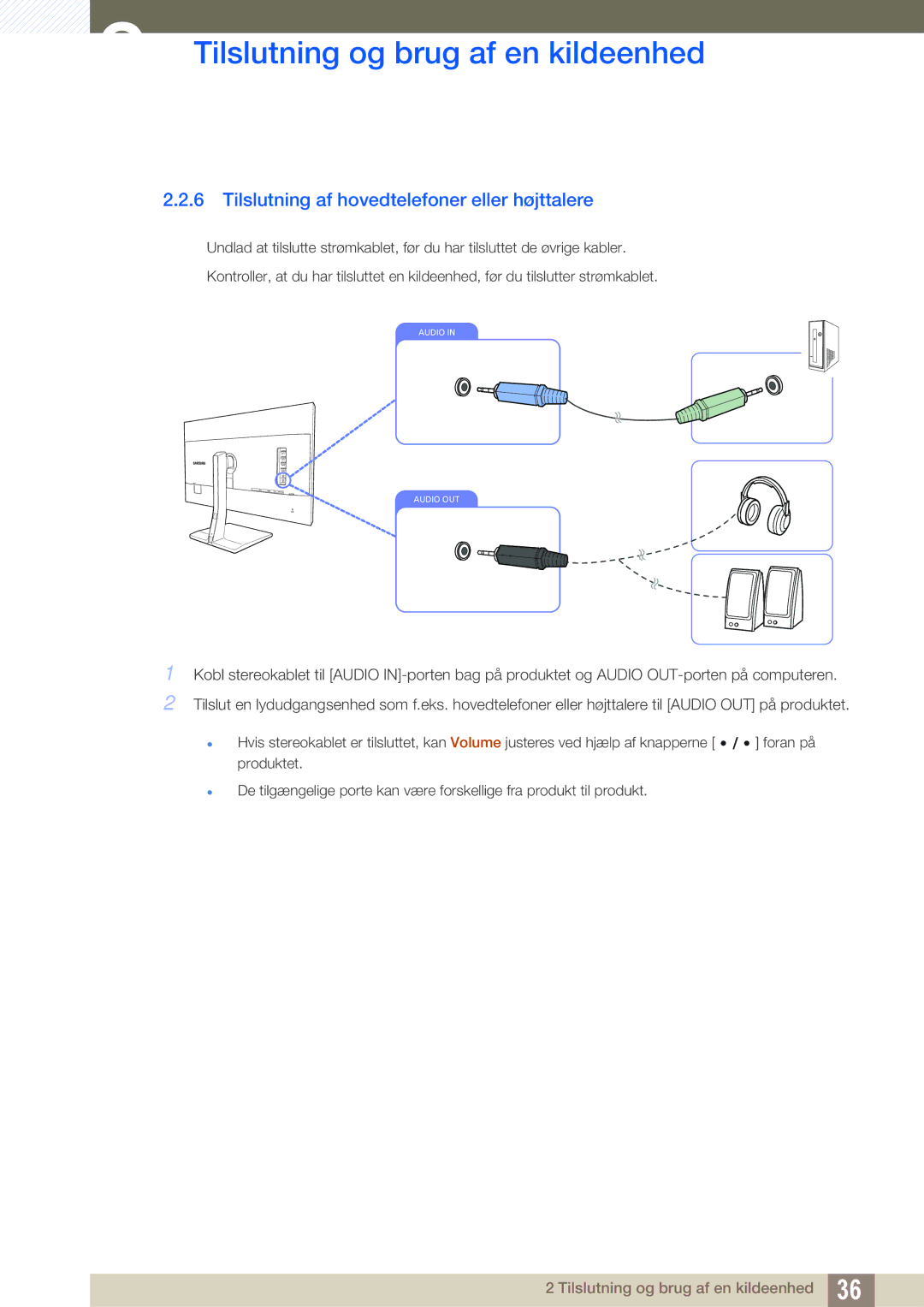 Samsung LS27D85KTSN/EN, LS32D85KTSR/EN, LS32D85KTSN/EN manual Tilslutning af hovedtelefoner eller højttalere 