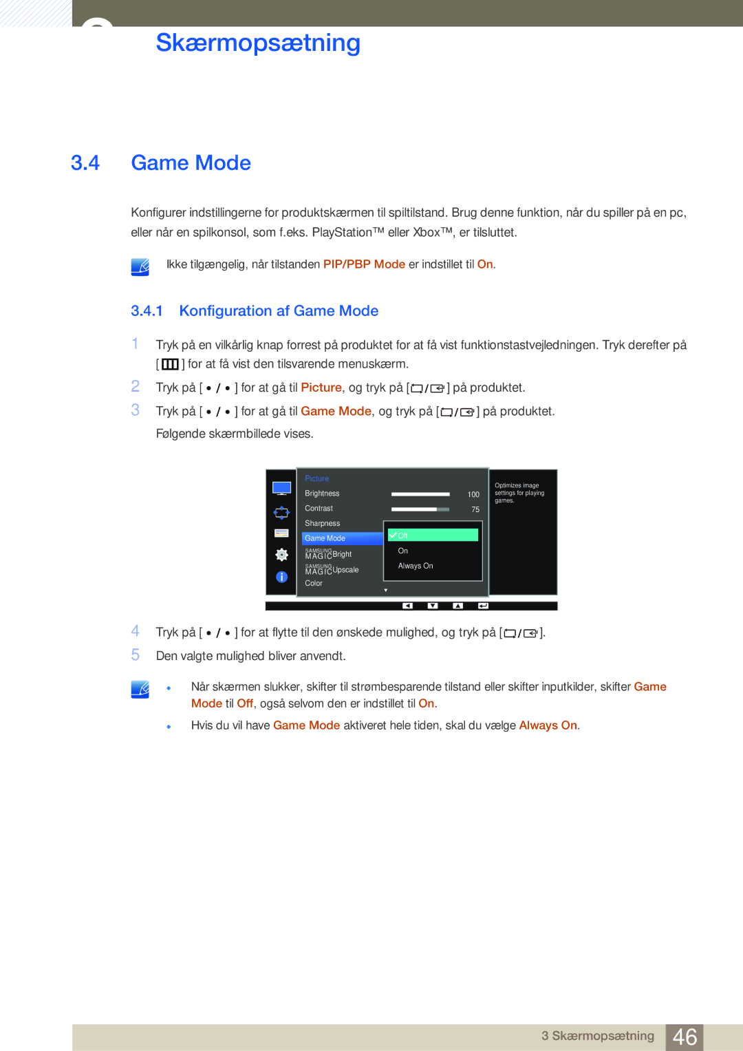 Samsung LS32D85KTSR/EN, LS27D85KTSN/EN, LS32D85KTSN/EN manual Konfiguration af Game Mode 