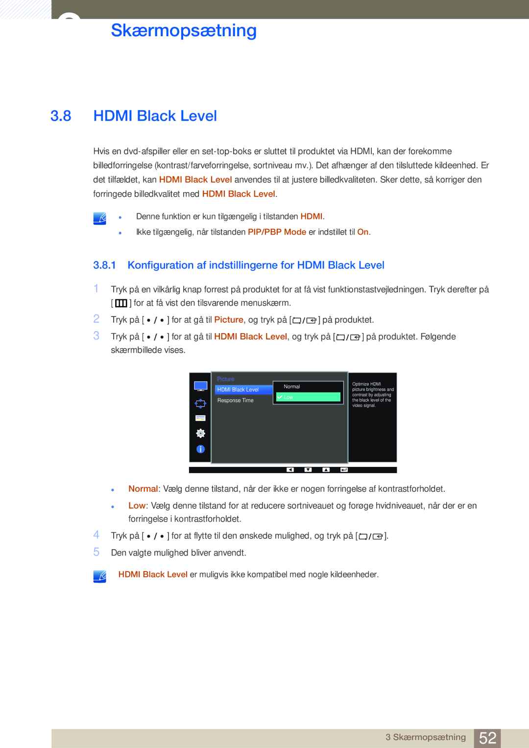 Samsung LS32D85KTSR/EN, LS27D85KTSN/EN, LS32D85KTSN/EN manual Konfiguration af indstillingerne for Hdmi Black Level 