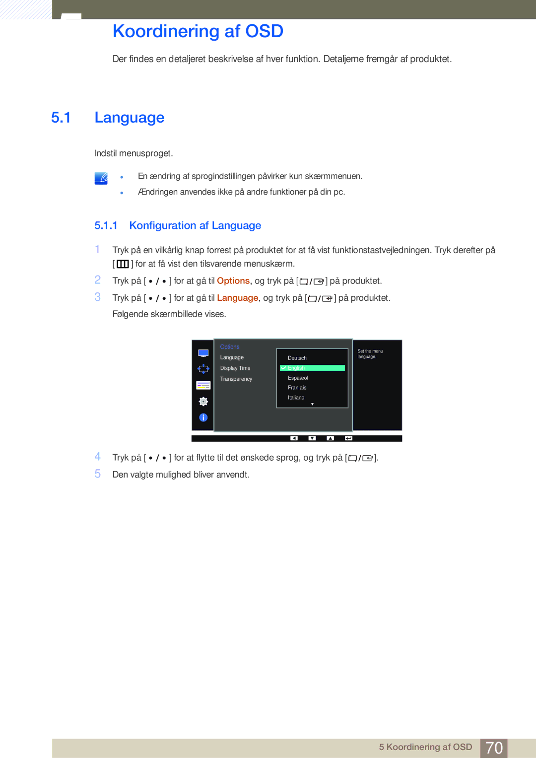 Samsung LS32D85KTSR/EN, LS27D85KTSN/EN, LS32D85KTSN/EN manual Koordinering af OSD, Konfiguration af Language 